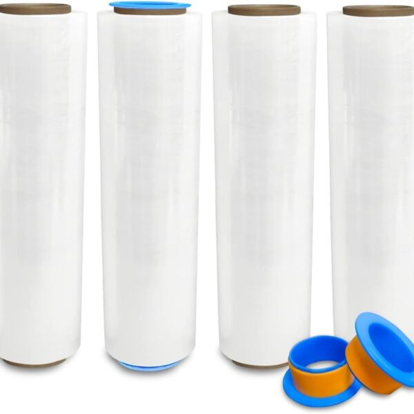 4 Rolls x 18" x 1500 Feet x 80 Gauge Clear Commercial Grade Heavy Duty Plastic Stretch Film Shrink Wrap | Industrial Strength Durable | Shipping Moving Packing Logistics | Holder Included