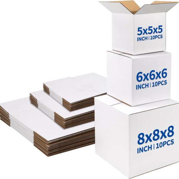 Assorted Sizes Shipping Boxes 30 Pack (8x8x8, 6x6x6, 5x5x5), White Corrugated Cardboard Mailers, Each 10 PCS Small Boxes for Small Business Packaging, Shipping & Storage