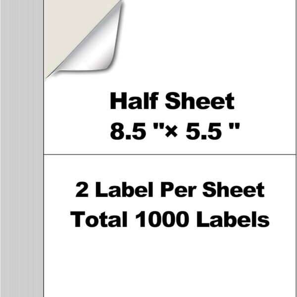 500 Sheets1000 Shipping Labels 8.5" x 5.5" Half Sheet Self Adhesive Mail Labels for Laser & Inkjet Printers,  2 per Page Shipping Paper 5 1/2 x 8 1/2 Half Page Labels