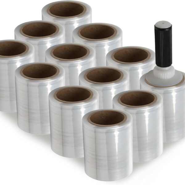 5" x 1,000 ft Clear Hand Stretch Wrap with Reusable Handle Included - 12 Rolls | Standard-Duty Film for Pallet Wrapping, Moving & Packaging
