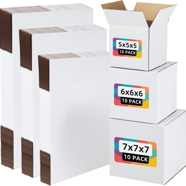 30 Pack 5x5x5, 6x6x6, 7x7x7 Assorted Sizes Shipping Boxes for Small Business, Each Size 10 Pack, White Corrugated Cardboard Small Box for Packaging, Moving, Mailing, and Storing